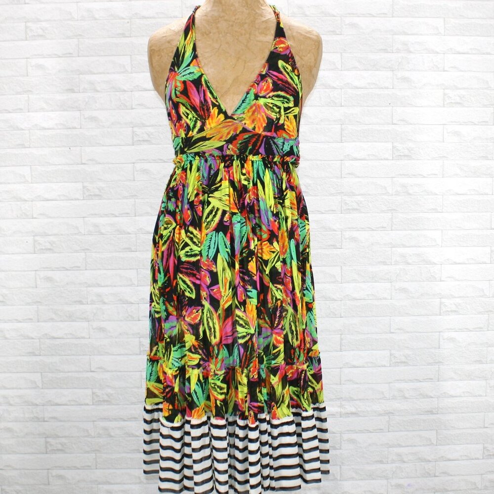 MODA INTERNATIONAL Dress Halter Tropical Floral Summer V Neck Black Colorful XS